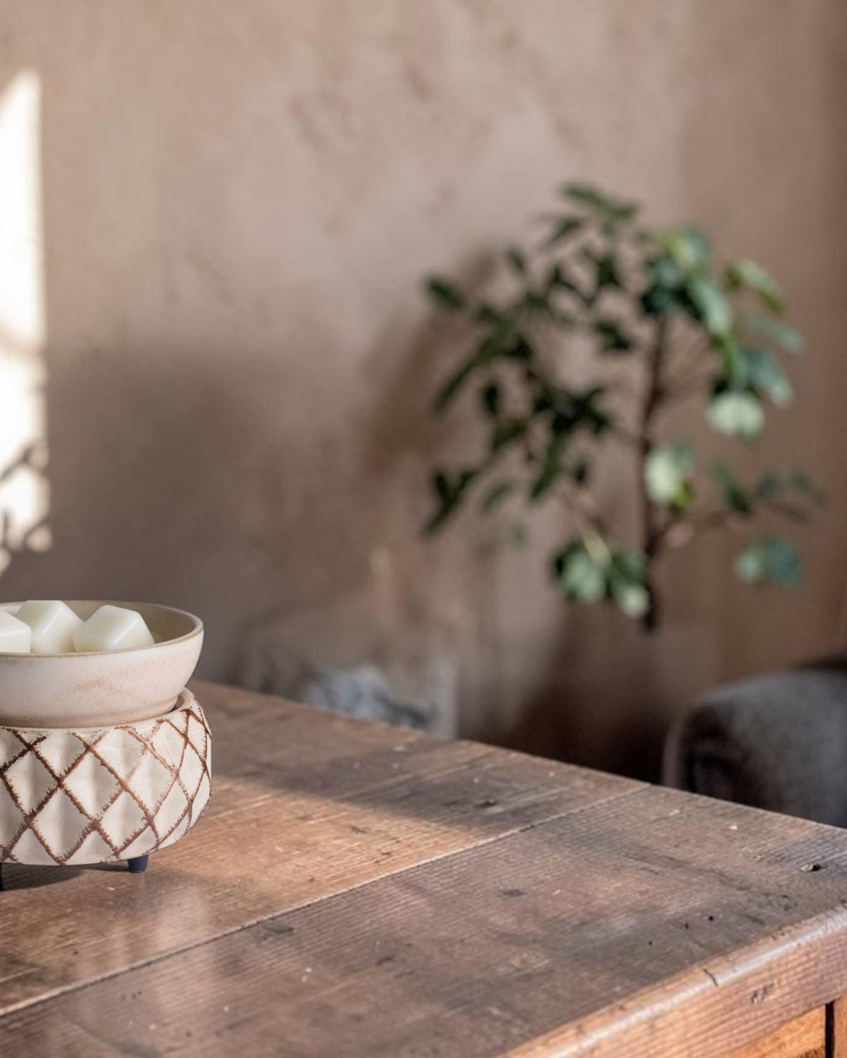 A small beige ceramic bowl with a textured geometric base sits on a rustic wooden table in a softly lit room, with a blurred plant and chair in the background.