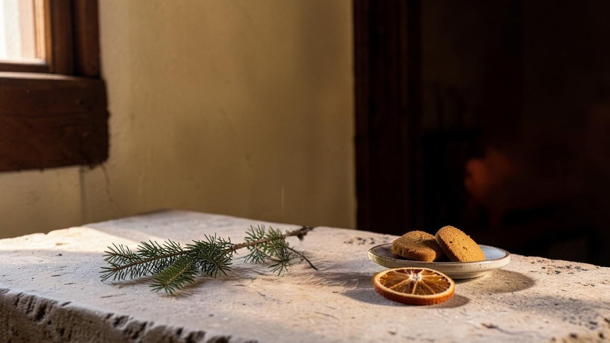A styled still life on a stone ledge featuring a sprig of pine, a dried orange slice, and a small plate of cookies in a warm, rustic interior setting.